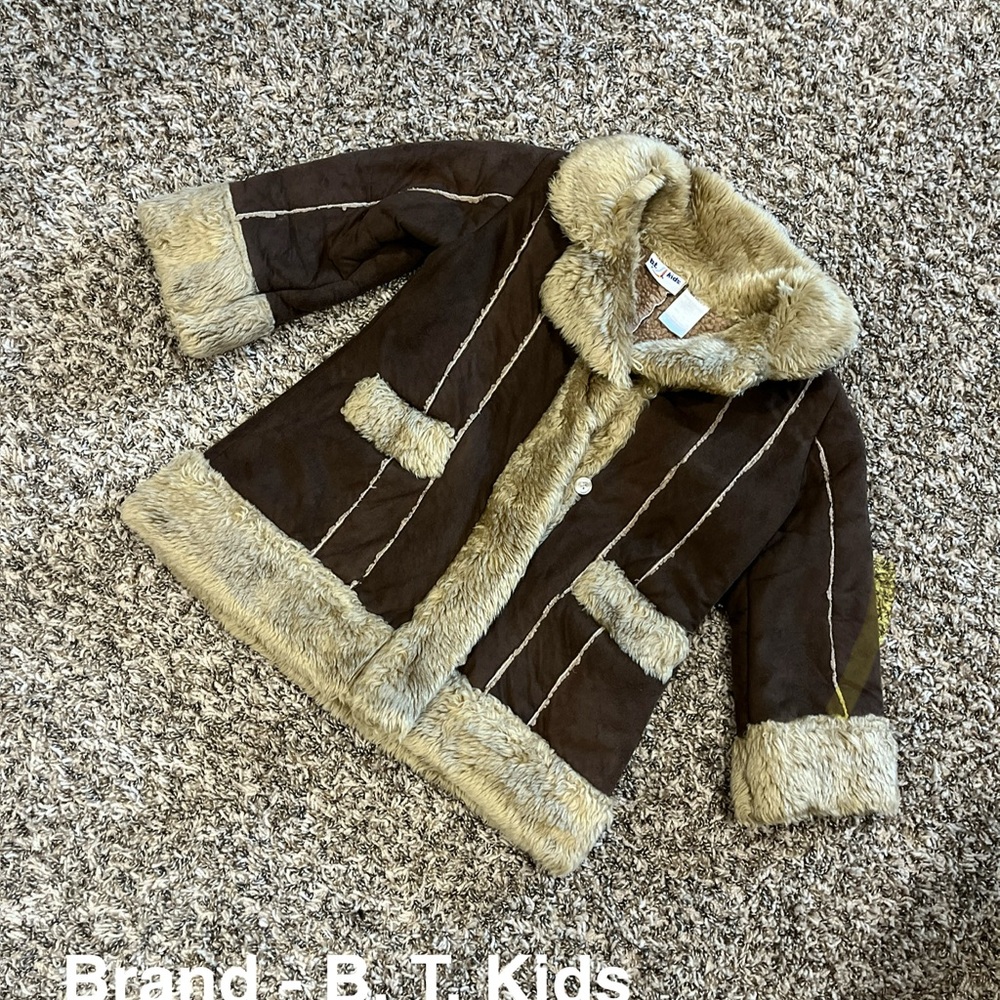 Girls' Faux Fur Trim Brown Coat